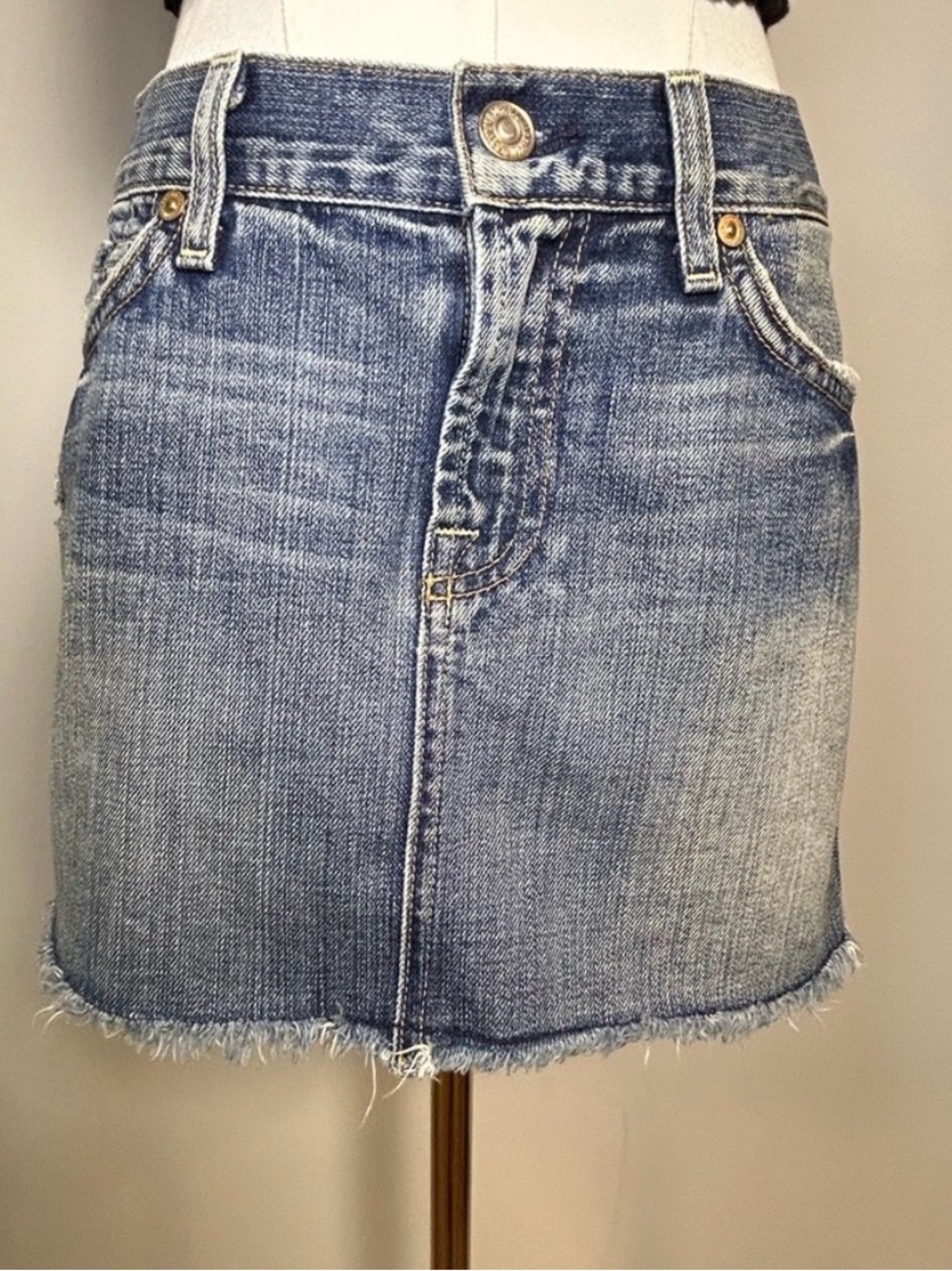 7 For All Mankind Denim Mini Skirt rhinestone pockets distressed Y2K size 28